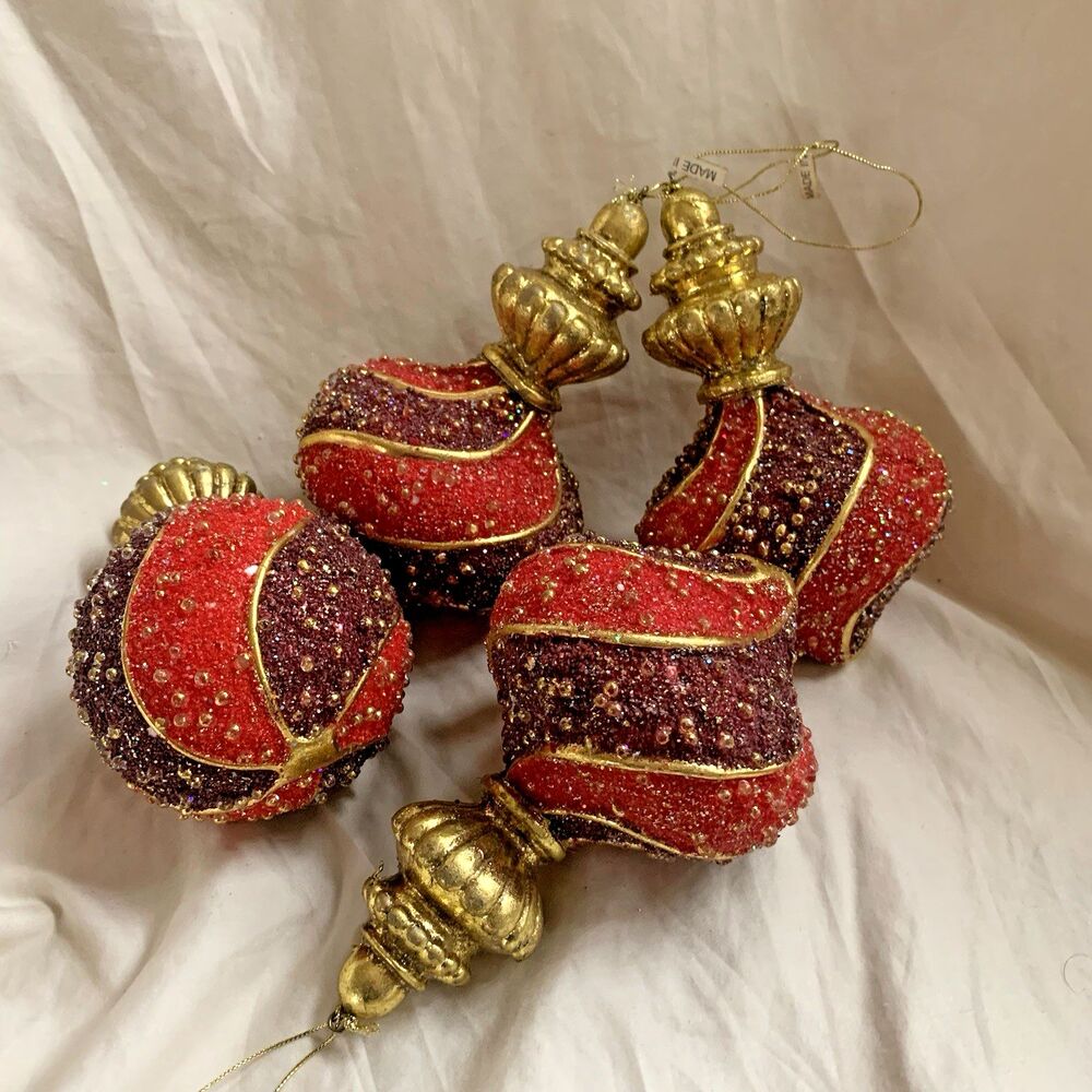 VTG large red burgundy gold embellished Ornaments, unique decor, Christmas, 4pcs